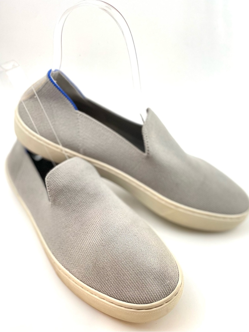 Rothy's Women's Slip-On Sneakers in Light Gray with Blue Trim